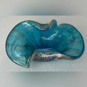 Antique Elegant Turquoise Blue and Gold Glass Dish one of a kind EUC